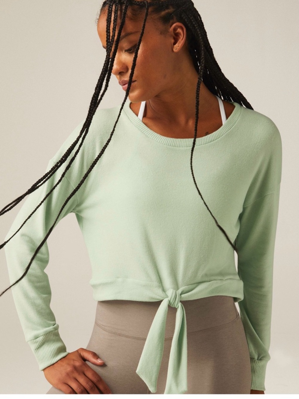 Blouse Beyond Yoga Mint Green Drop Sleeve Tie Front Crew Neck Sweater NWT Large